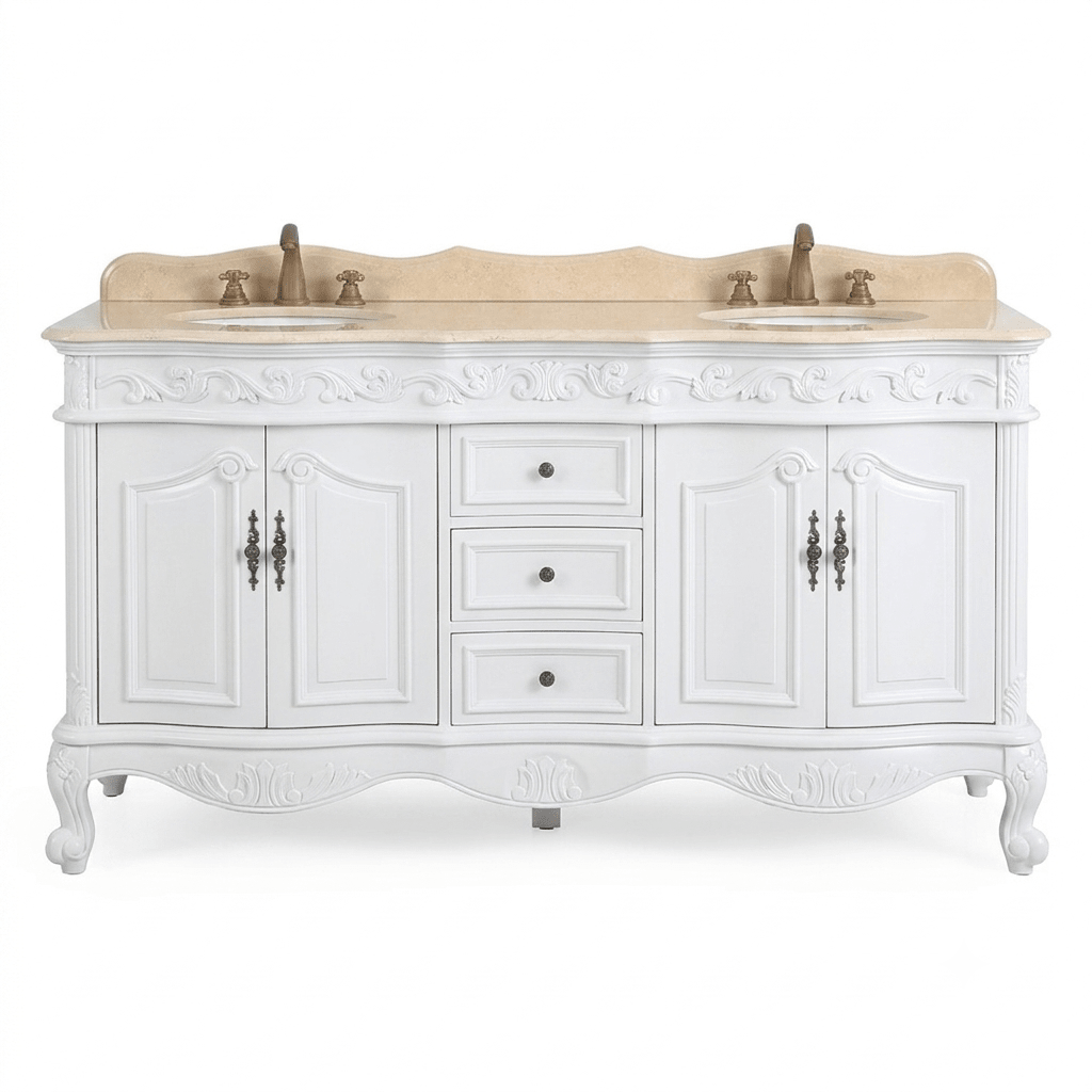 64 Inch Antique White Traditional Style Double Sink Marble Top Beckham Bathroom Vanity