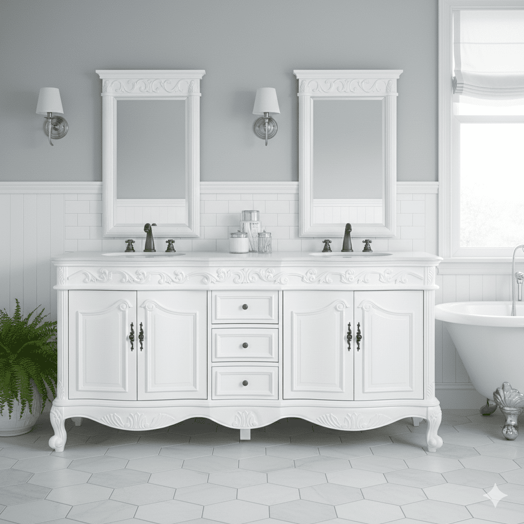 64 Inch Antique White Traditional Style Double Sink White Top Beckham Bathroom Vanity