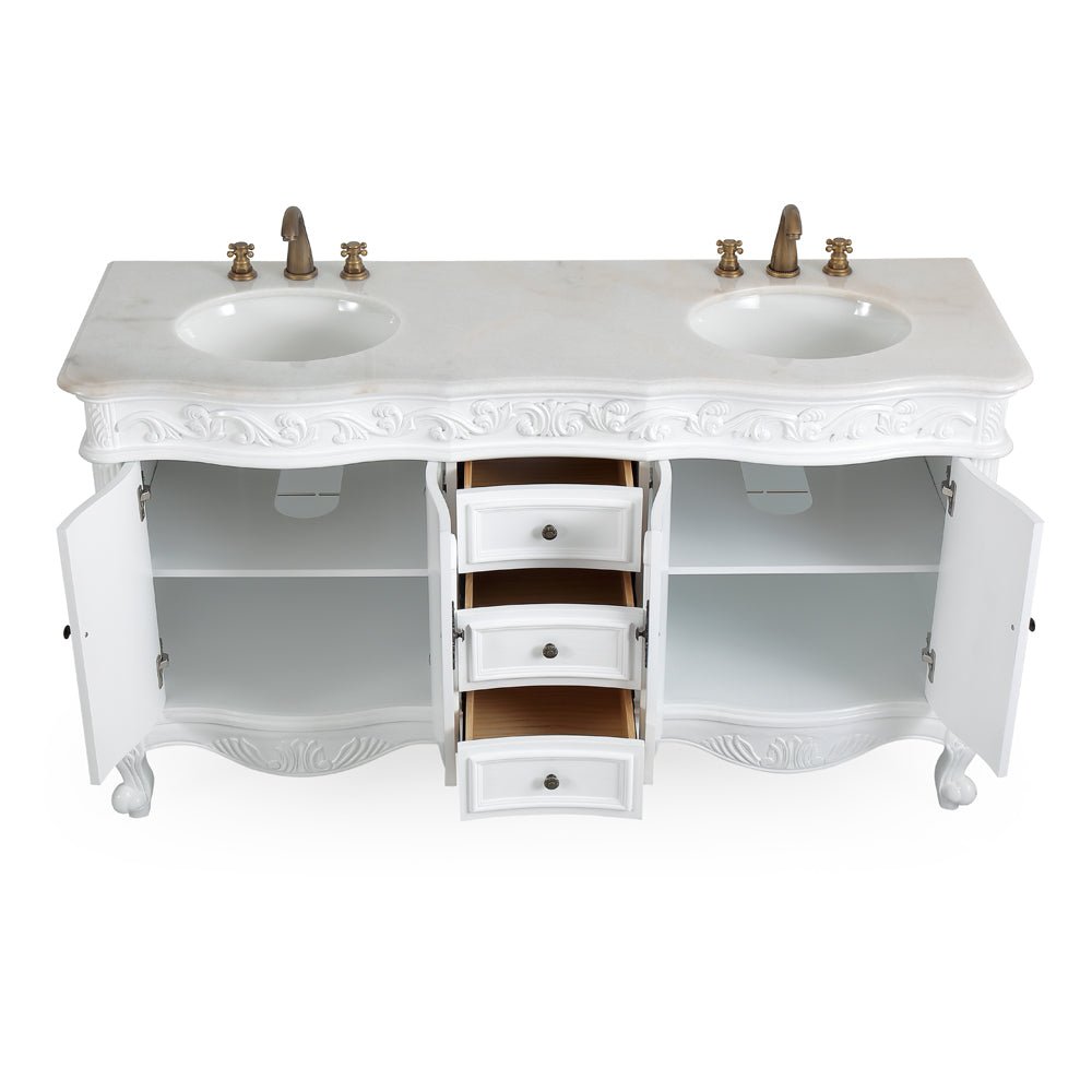64 Inch Antique White Traditional Style Double Sink White Top Beckham Bathroom Vanity