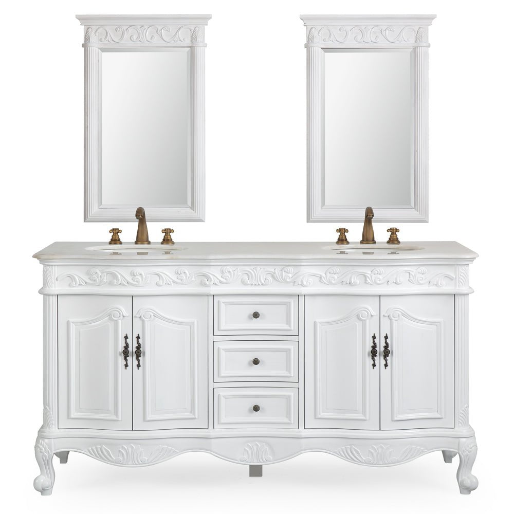64 Inch Antique White Traditional Style Double Sink White Top Beckham Bathroom Vanity