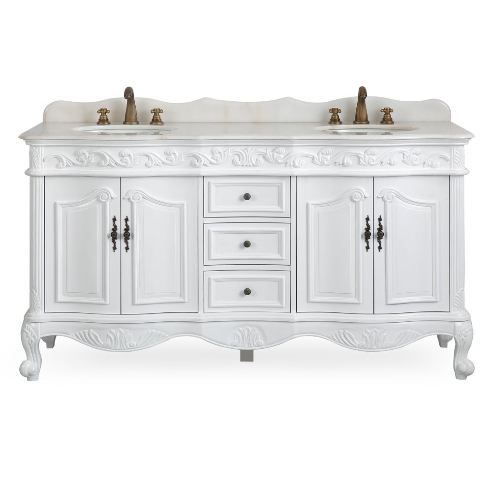64 Inch Antique White Traditional Style Double Sink White Top Beckham Bathroom Vanity