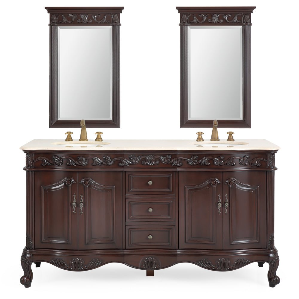 64 Inch Brown Traditional Style Double Sink Cream Marble Top Beckham Bathroom Vanity