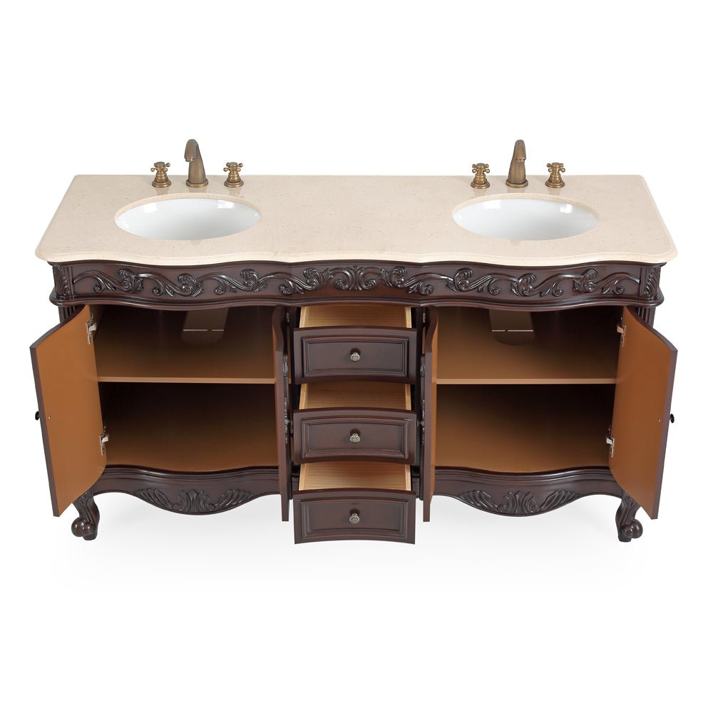 64 Inch Brown Traditional Style Double Sink Cream Marble Top Beckham Bathroom Vanity