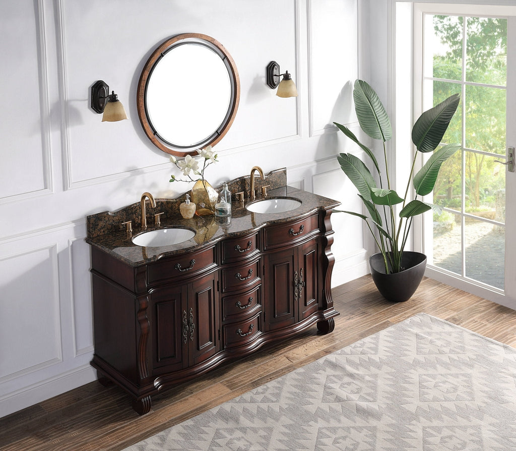 64" Traditional Style Cherry Wood Hopkinton Double Sink Bathroom Vanity