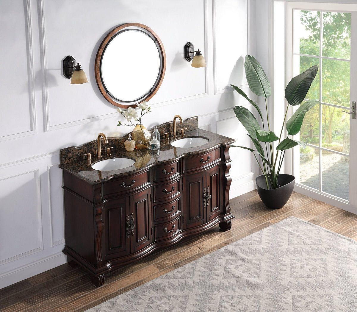 64" Traditional Style Cherry Wood Hopkinton Double Sink Bathroom Vanity