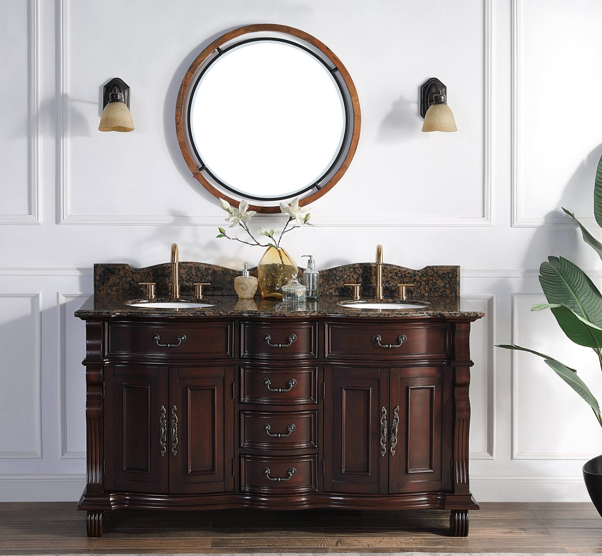 64" Traditional Style Cherry Wood Hopkinton Double Sink Bathroom Vanity