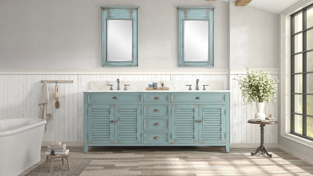 72 Inch Abbeville Double Sink Bathroom Vanity - Distressed Blue Farmhouse Style