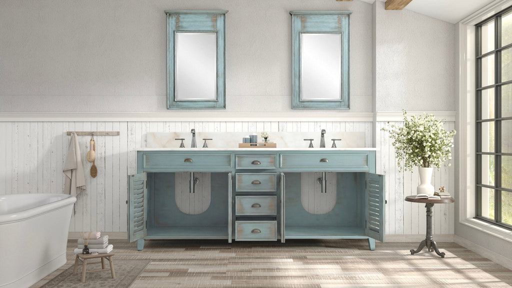 72 Inch Abbeville Double Sink Bathroom Vanity - Distressed Blue Farmhouse Style