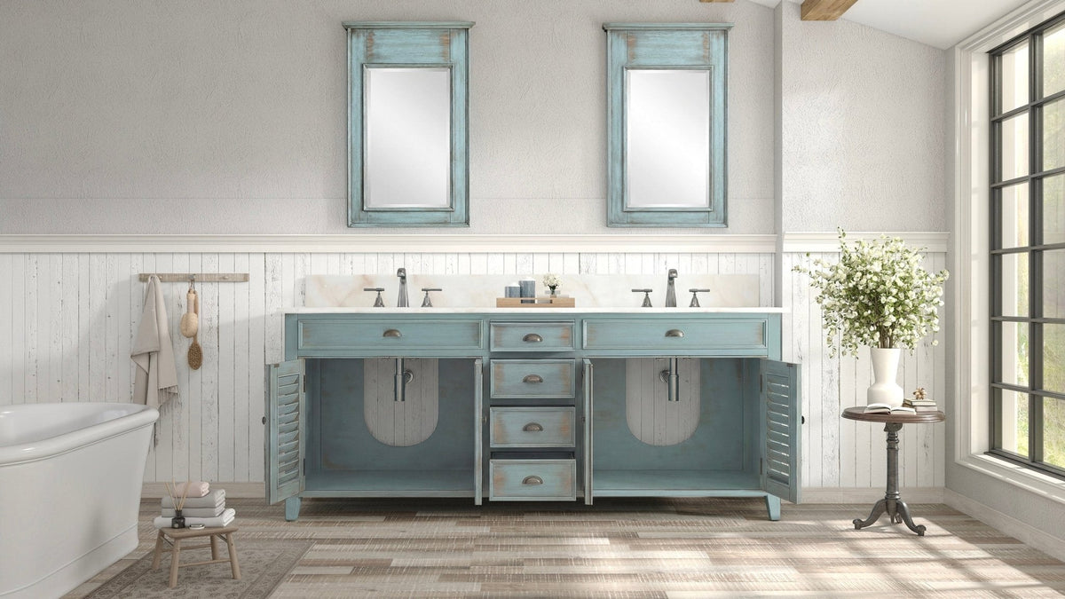 72 Inch Abbeville Double Sink Bathroom Vanity - Distressed Blue Farmhouse Style