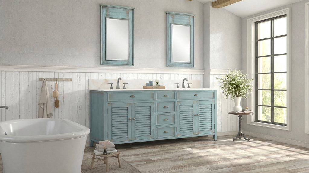 72 Inch Abbeville Double Sink Bathroom Vanity - Distressed Blue Farmhouse Style