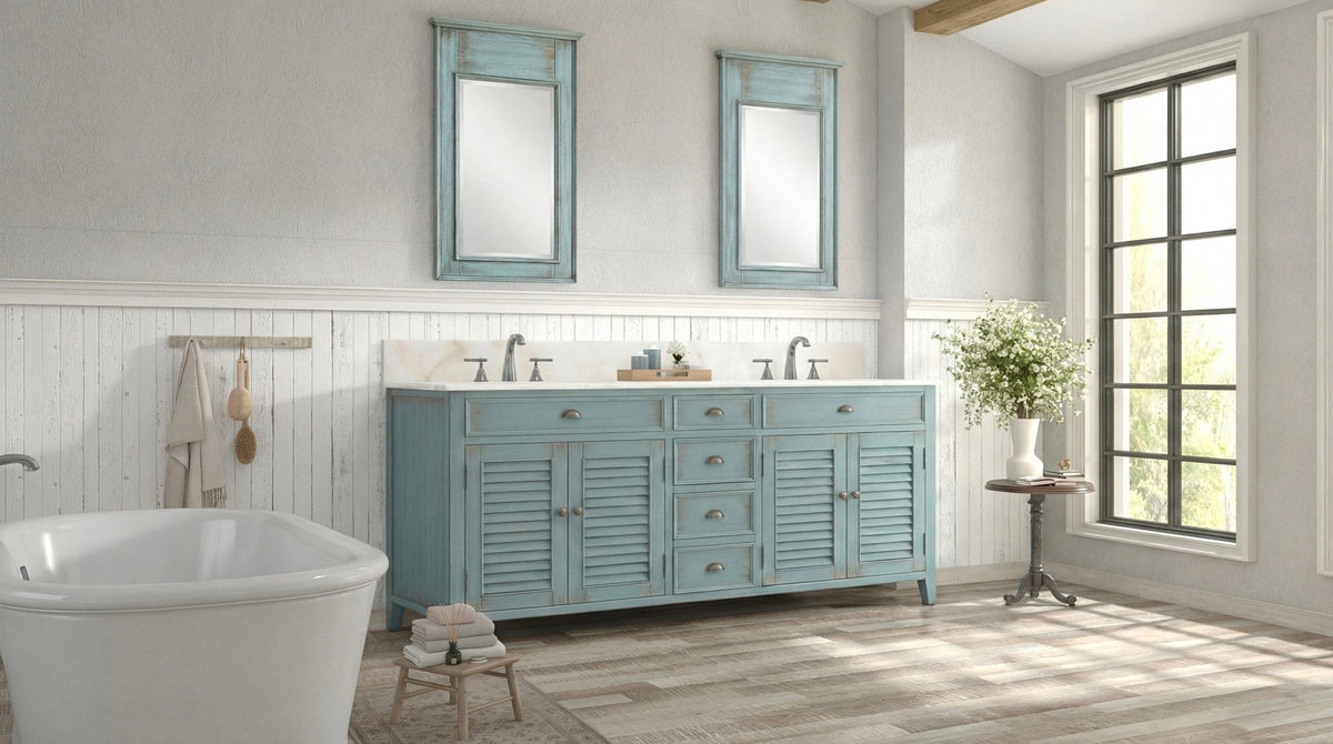 72 Inch Abbeville Double Sink Bathroom Vanity - Distressed Blue Farmhouse Style