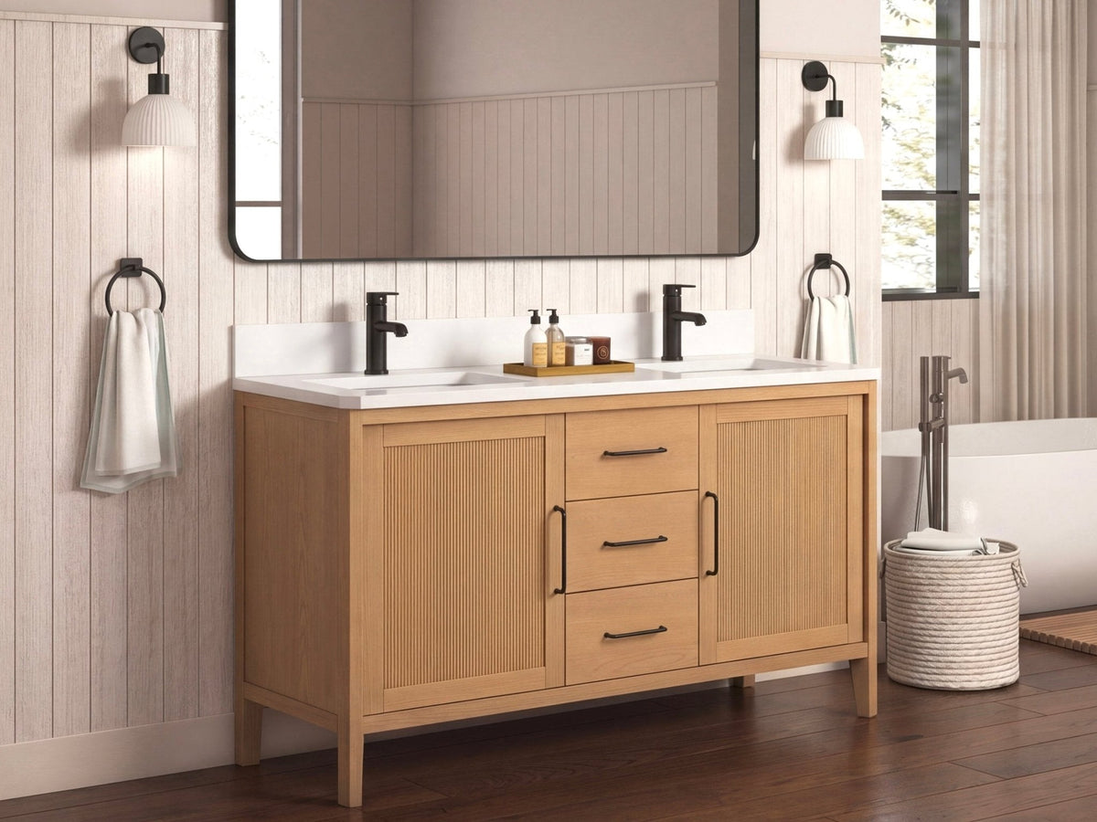 72 Inch Barque Double Sink Warm Oak Brown Finish Bathroom Vanity With White Top