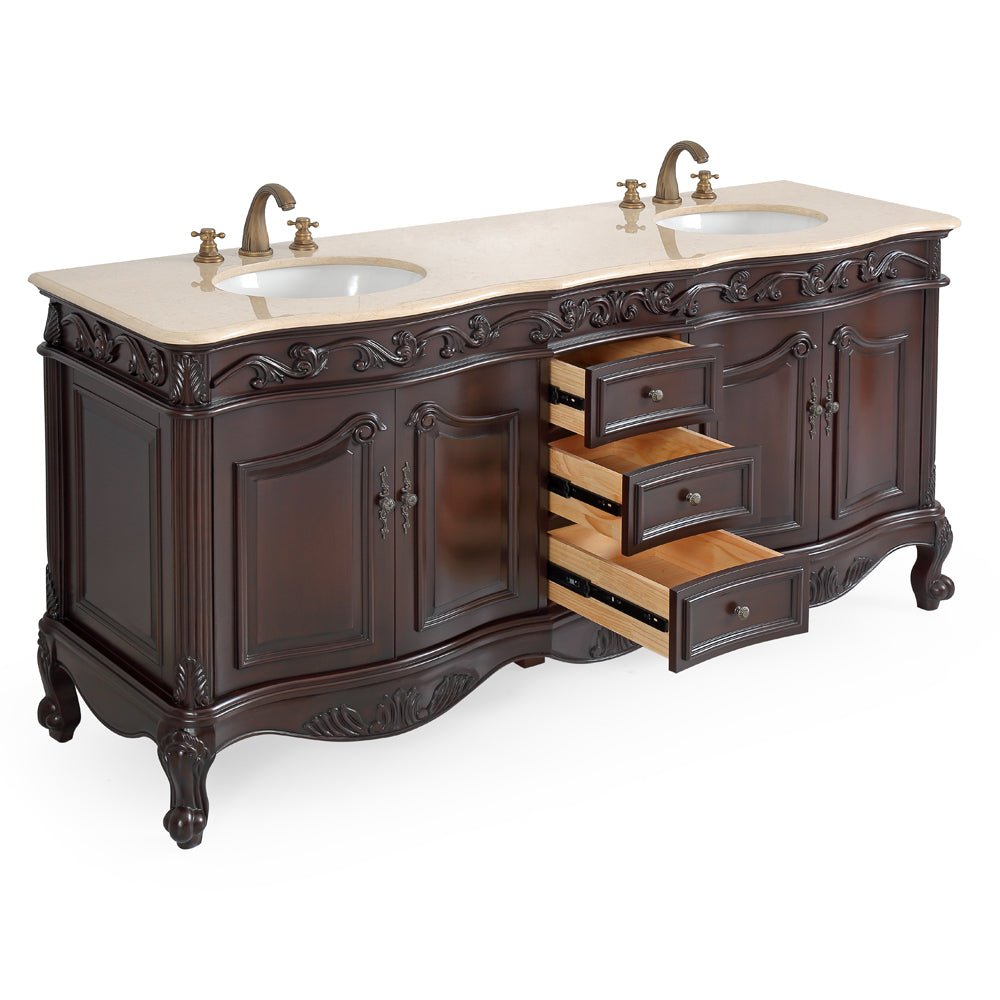 72 Inch Brown Antique Traditional Style Double Sink Cream Top Beckham Bathroom Vanity