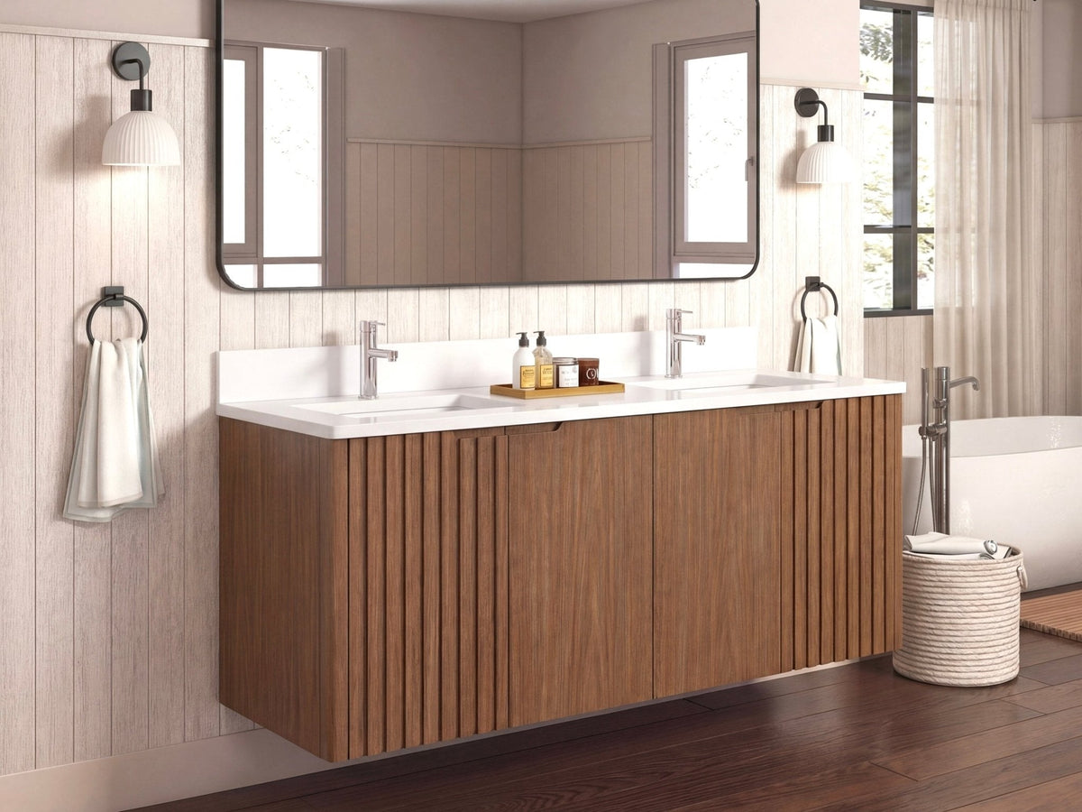 72 Inch Fume Double Sink Mango Warm Oak Brown Finish Wall Mount Floating Style Bathroom Vanity