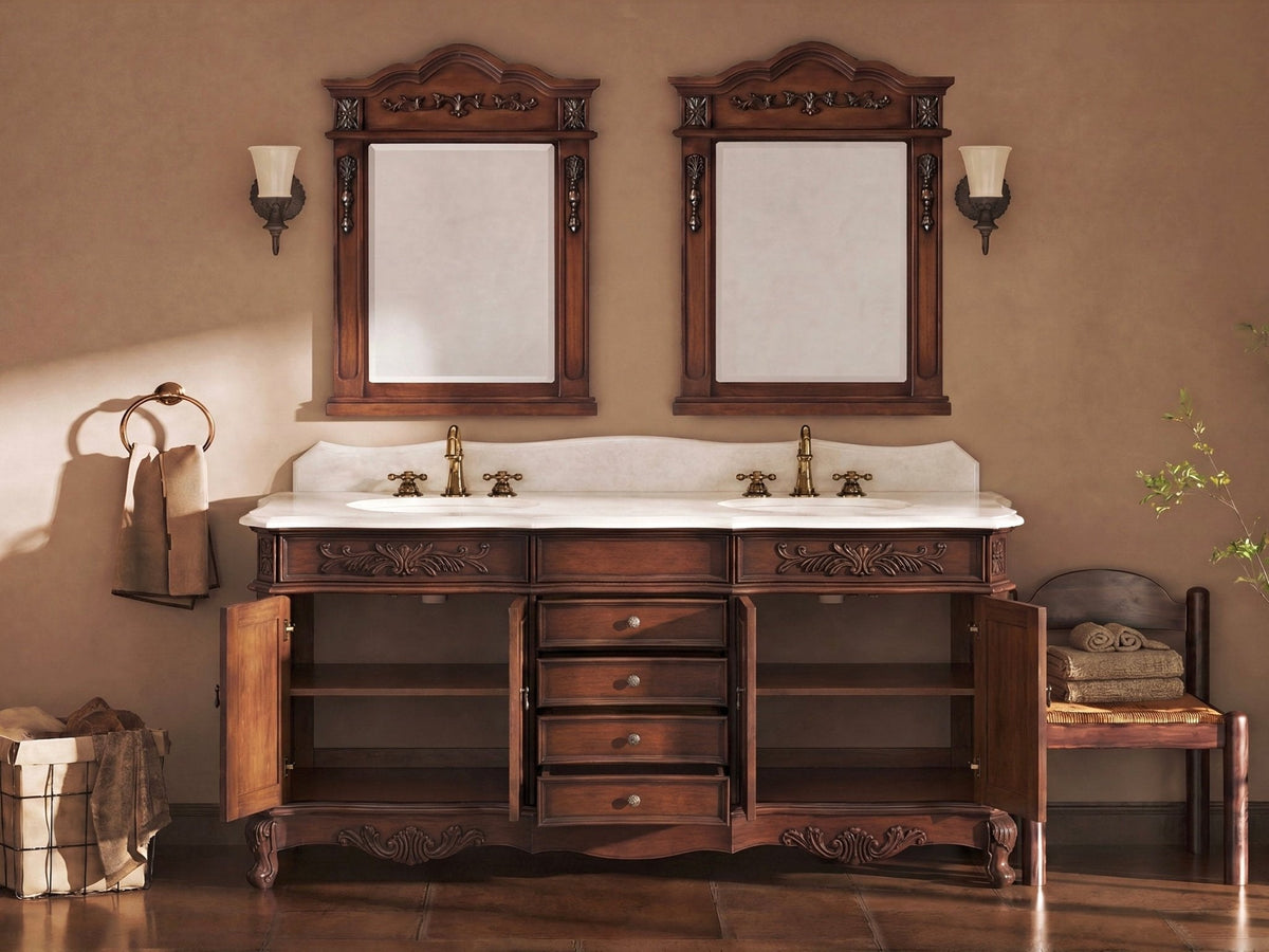 72 Inch Morton Traditional Double Sink Bathroom Vanity Antique Brown with White Quartz Top