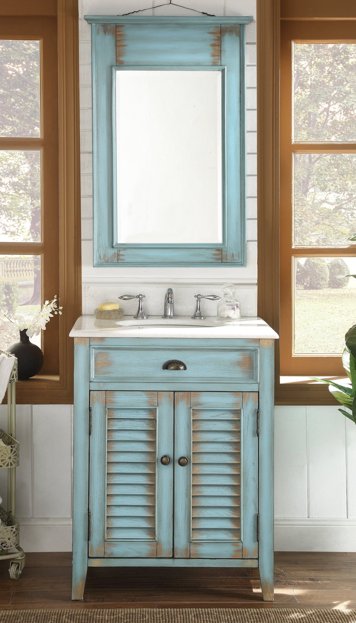 26 Inch Abbeville Farmhouse Style Distressed Blue Bathroom Vanity With Marble Top