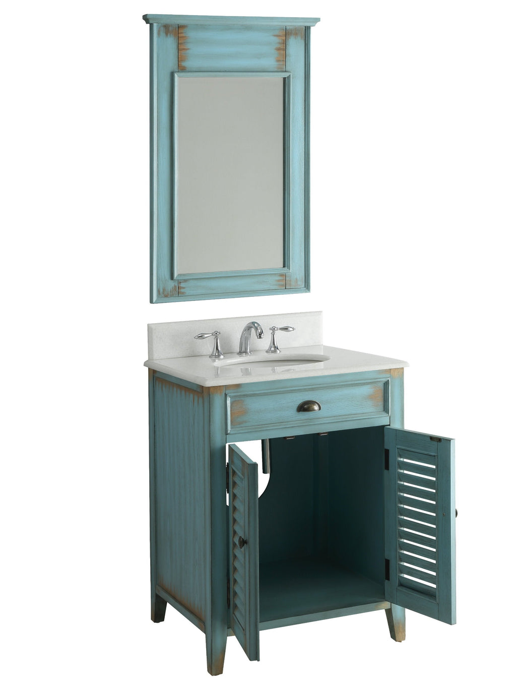 26 Inch Abbeville Farmhouse Style Distressed Blue Bathroom Vanity With Marble Top