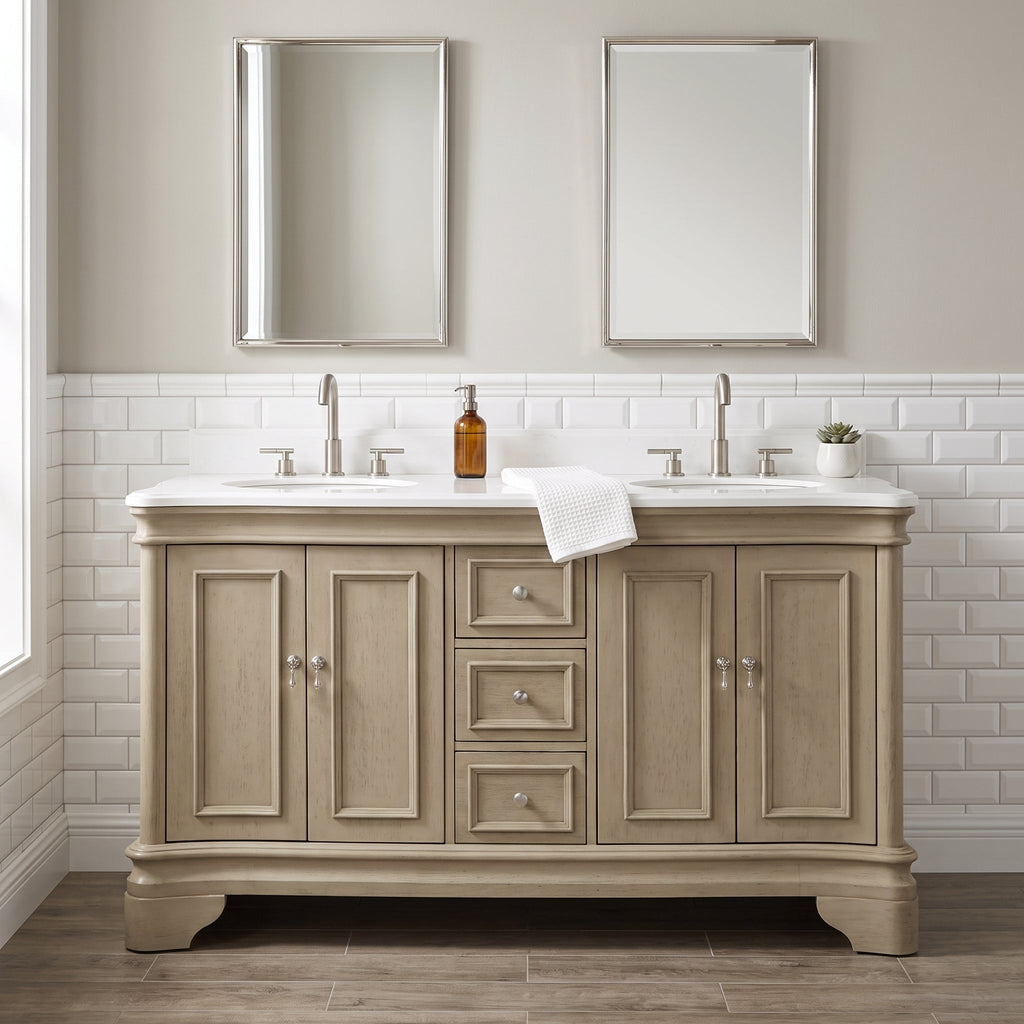 60 Inch Traditional Light Beige Oak Wood Sesto Bathroom Vanity, Double Sink, White Quartz Top, Fully Assembled