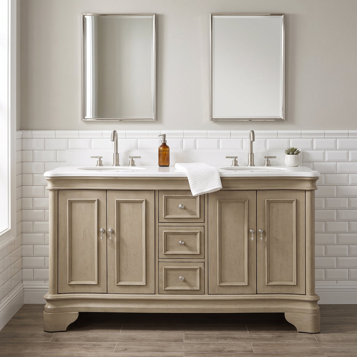 60 Inch Traditional Light Beige Oak Wood Sesto Bathroom Vanity, Double Sink, White Quartz Top, Fully Assembled