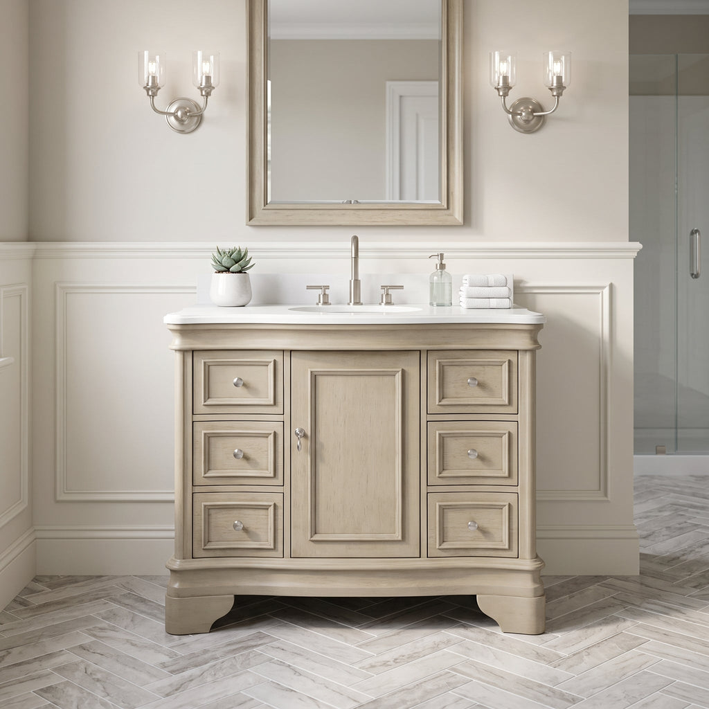42 Inch Traditional Light Beige Oak Wood Sesto Bathroom Vanity, Single Sink, White Quartz Top, Fully Assembled