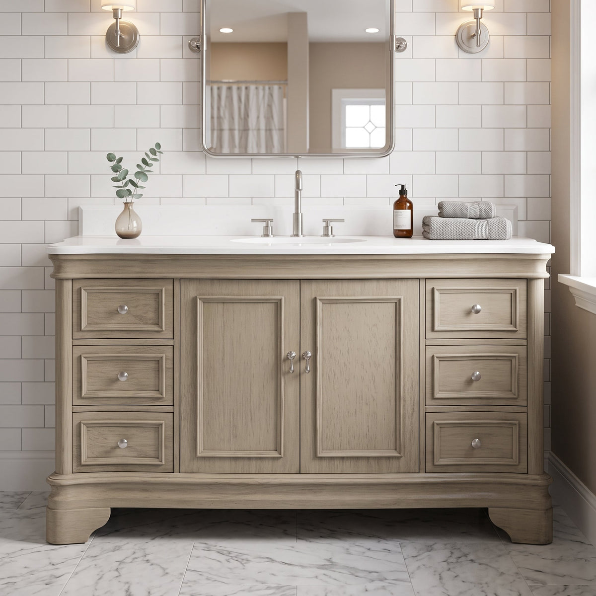 60 Inch Traditional Light Beige Oak Wood Sesto Bathroom Vanity, Single Sink, White Quartz Top, Fully Assembled