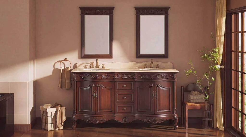 72 Inch Traditional Freestanding Cherry Brown Beckham Bathroom Vanity, Double Sink, Cream Marble Top, Fully Assembled