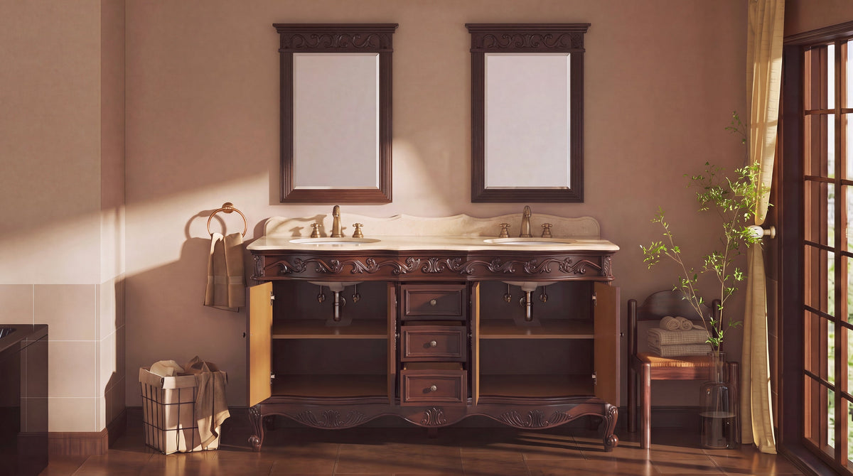 64 Inch Traditional Freestanding Cherry Brown Beckham Bathroom Vanity, Double Sink, Cream Marble Top, Fully Assembled