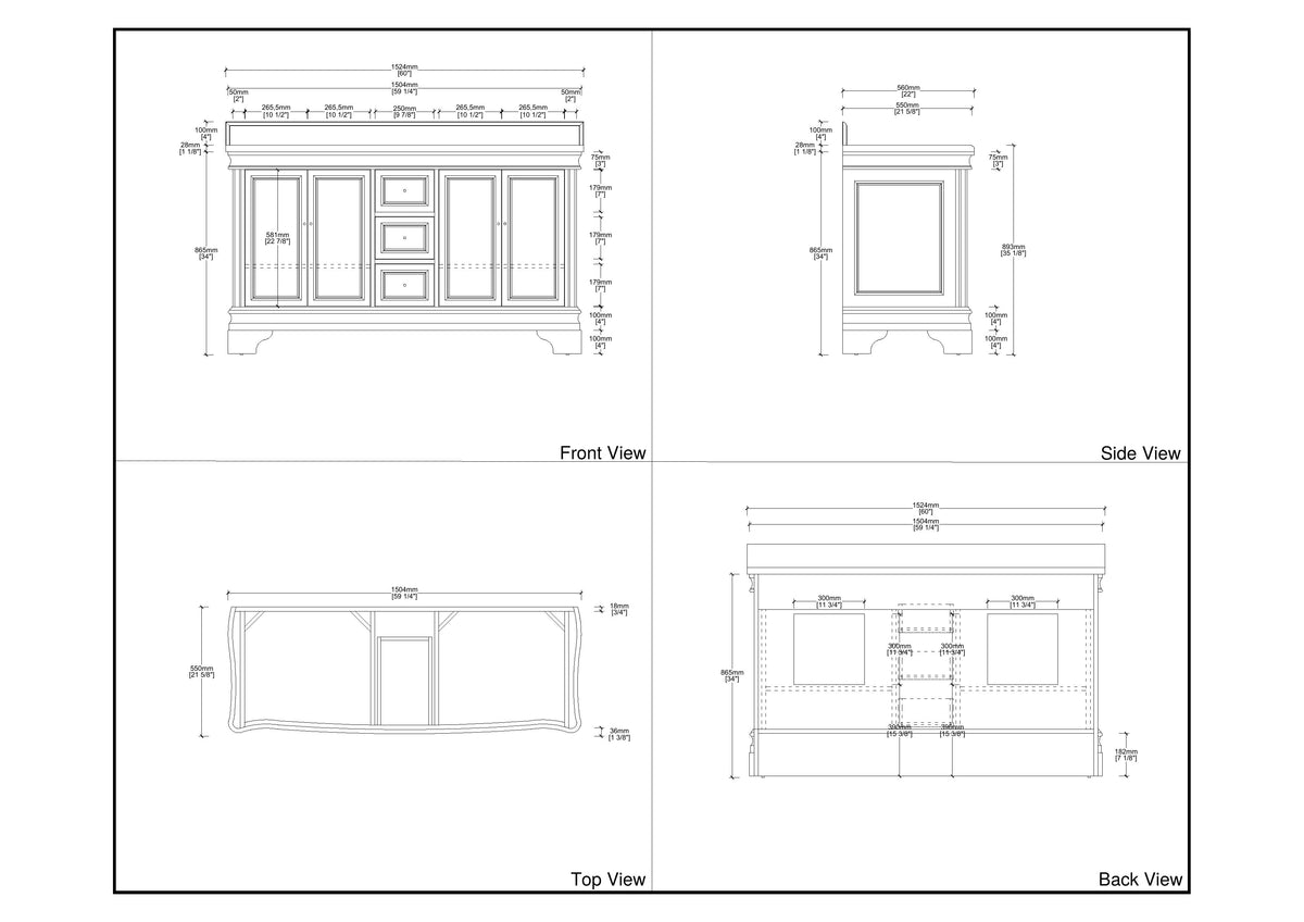 60 Inch Traditional Light Beige Oak Wood Sesto Bathroom Vanity, Double Sink, White Quartz Top, Fully Assembled
