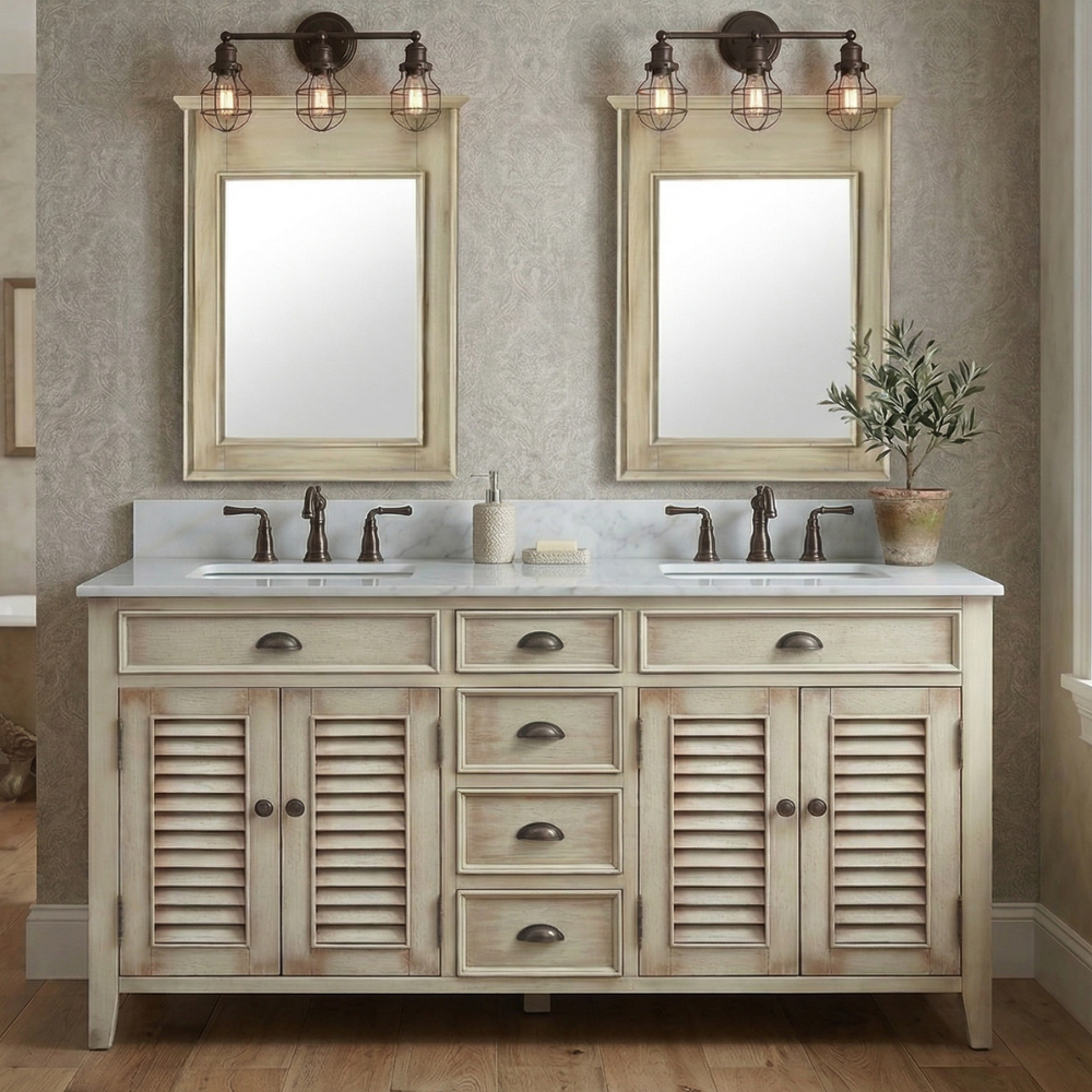 60 Inch Cottage Freestanding Distressed Beige Abbeville Bathroom Vanity, Double Sink, Fully Assembled