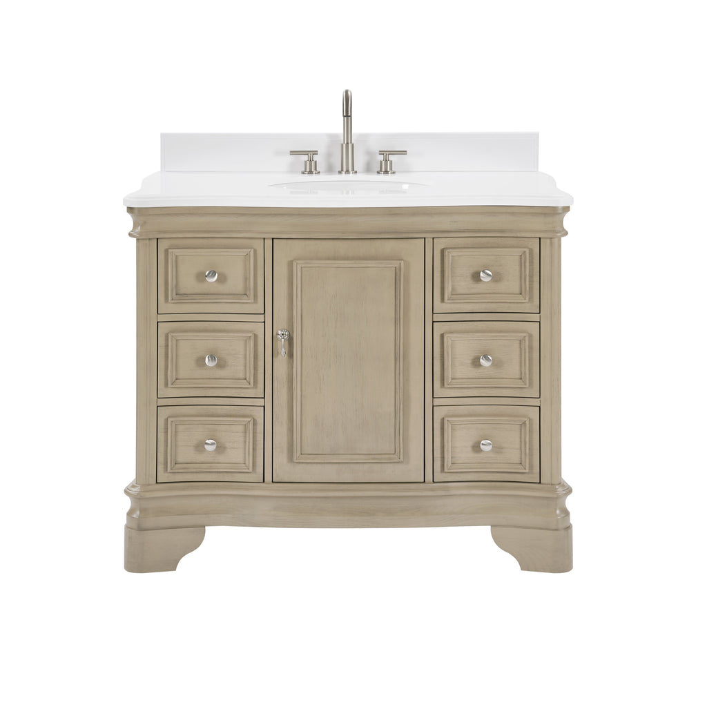 42 Inch Traditional Light Beige Oak Wood Sesto Bathroom Vanity, Single Sink, White Quartz Top, Fully Assembled