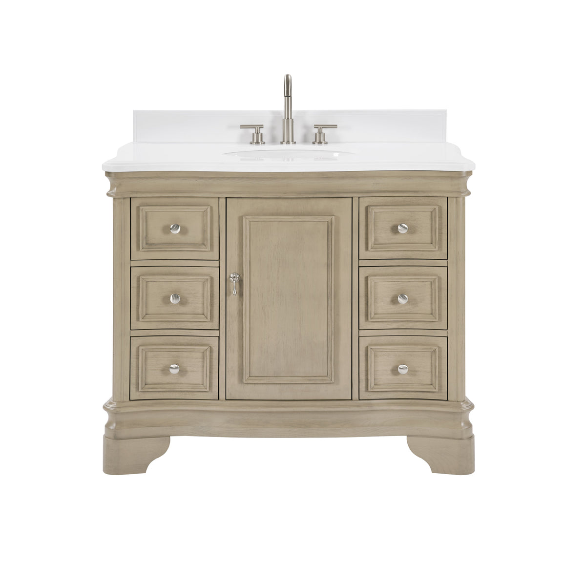 42 Inch Traditional Light Beige Oak Wood Sesto Bathroom Vanity, Single Sink, White Quartz Top, Fully Assembled