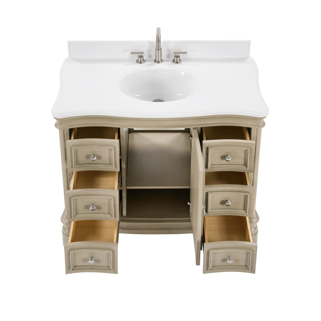 42 Inch Traditional Light Beige Oak Wood Sesto Bathroom Vanity, Single Sink, White Quartz Top, Fully Assembled