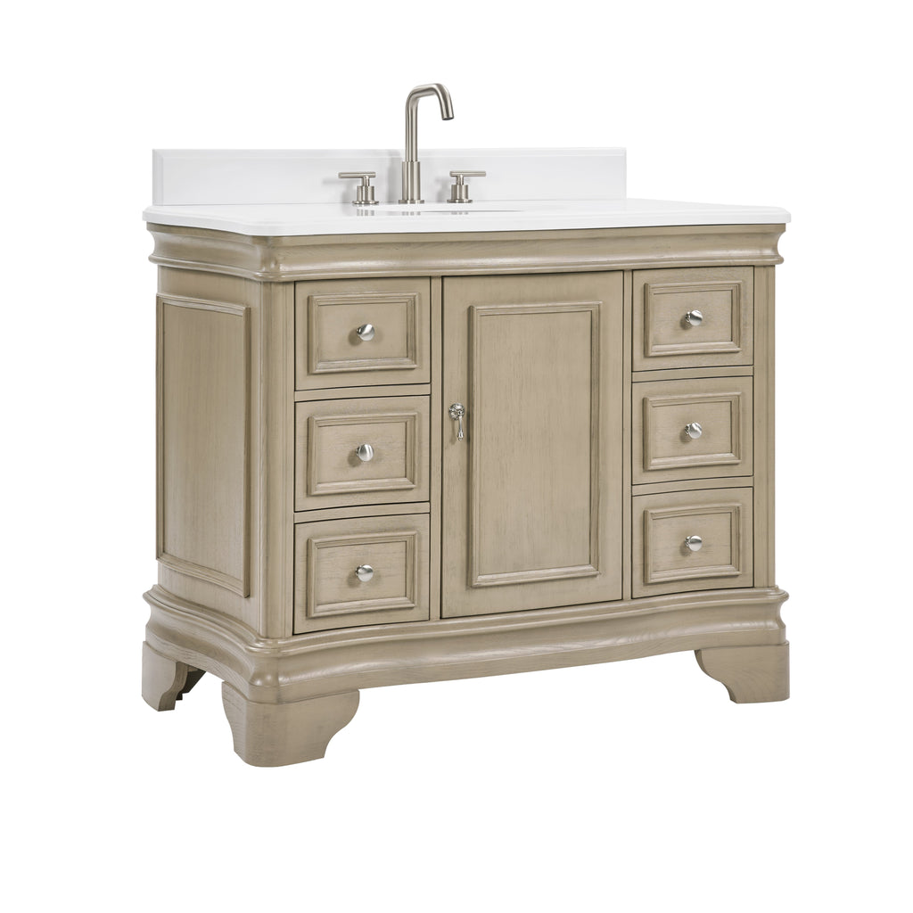 42 Inch Traditional Light Beige Oak Wood Sesto Bathroom Vanity, Single Sink, White Quartz Top, Fully Assembled