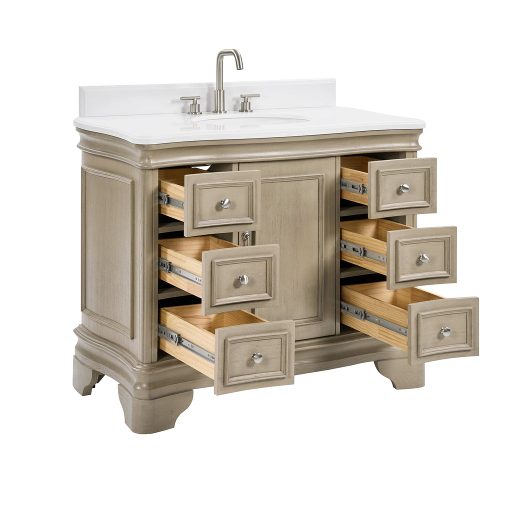 42 Inch Traditional Light Beige Oak Wood Sesto Bathroom Vanity, Single Sink, White Quartz Top, Fully Assembled
