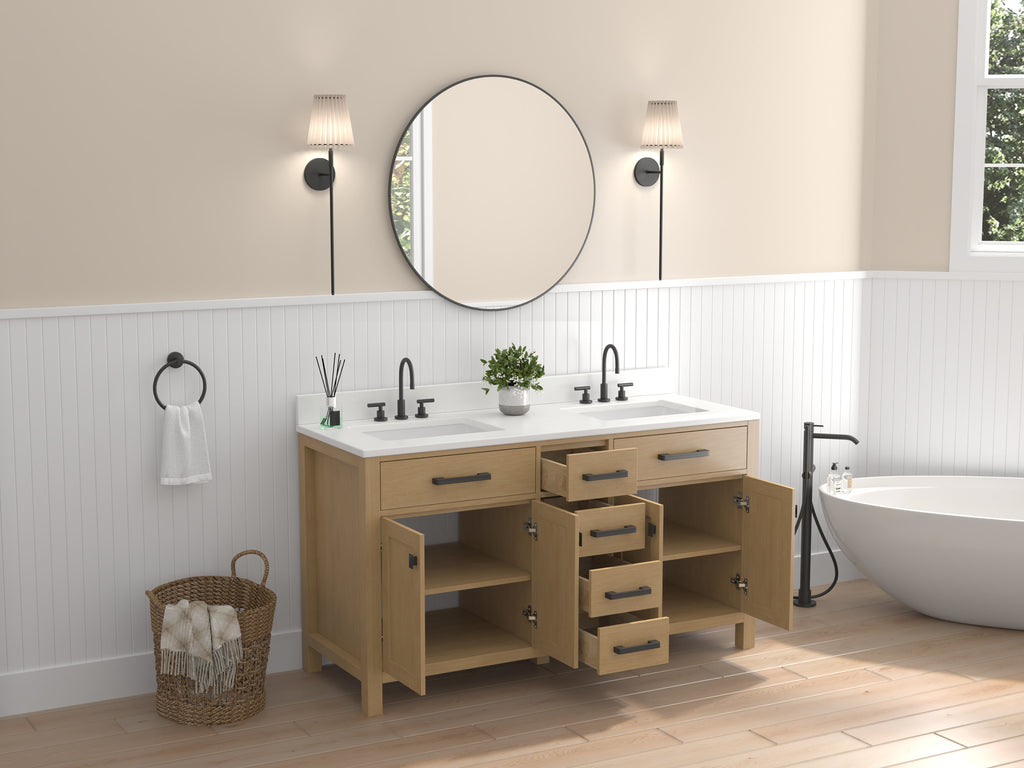 60 Inch Modern Freestanding Aged Oak Rella Bathroom Vanity, Double Sink, White Quartz Top, Fully Assembled