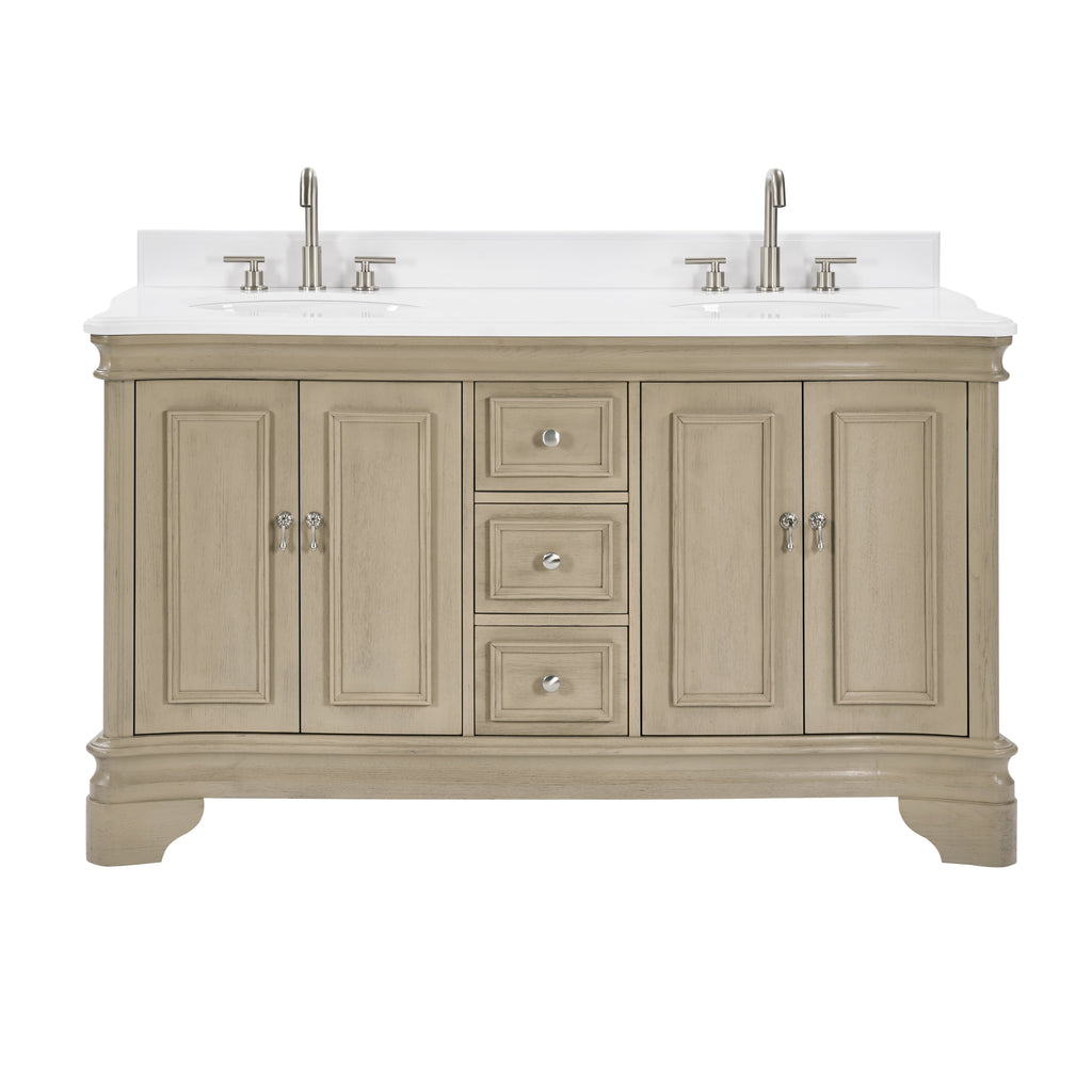 60 Inch Traditional Light Beige Oak Wood Sesto Bathroom Vanity, Double Sink, White Quartz Top, Fully Assembled