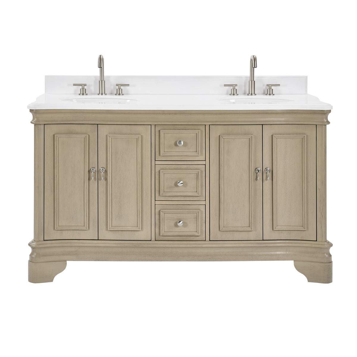 60 Inch Traditional Light Beige Oak Wood Sesto Bathroom Vanity, Double Sink, White Quartz Top, Fully Assembled
