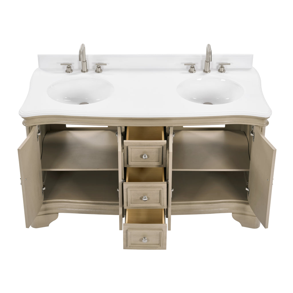 60 Inch Traditional Light Beige Oak Wood Sesto Bathroom Vanity, Double Sink, White Quartz Top, Fully Assembled