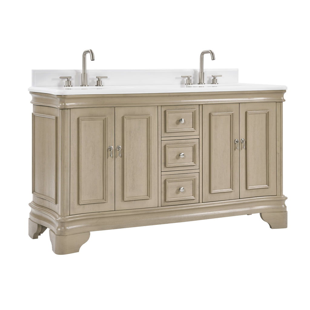 60 Inch Traditional Light Beige Oak Wood Sesto Bathroom Vanity, Double Sink, White Quartz Top, Fully Assembled