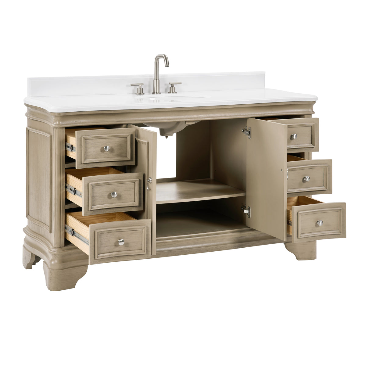 60 Inch Traditional Light Beige Oak Wood Sesto Bathroom Vanity, Single Sink, White Quartz Top, Fully Assembled