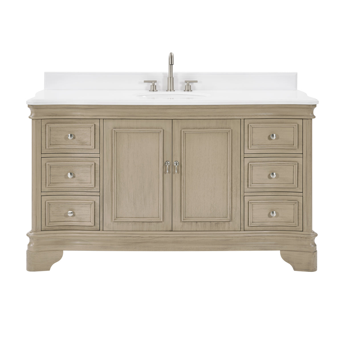 60 Inch Traditional Light Beige Oak Wood Sesto Bathroom Vanity, Single Sink, White Quartz Top, Fully Assembled