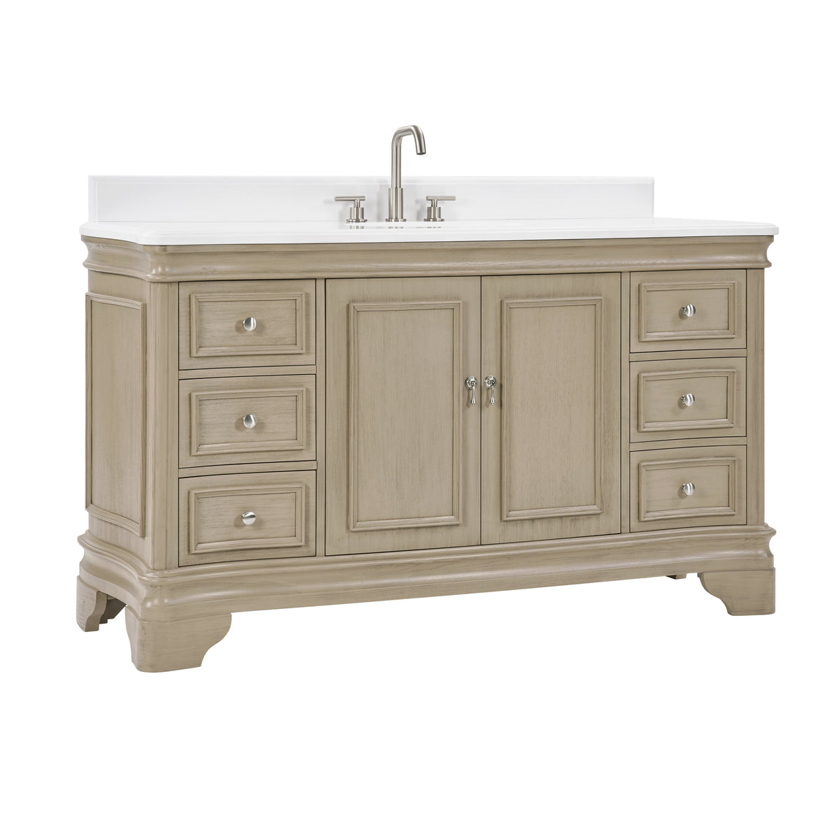 60 Inch Traditional Light Beige Oak Wood Sesto Bathroom Vanity, Single Sink, White Quartz Top, Fully Assembled