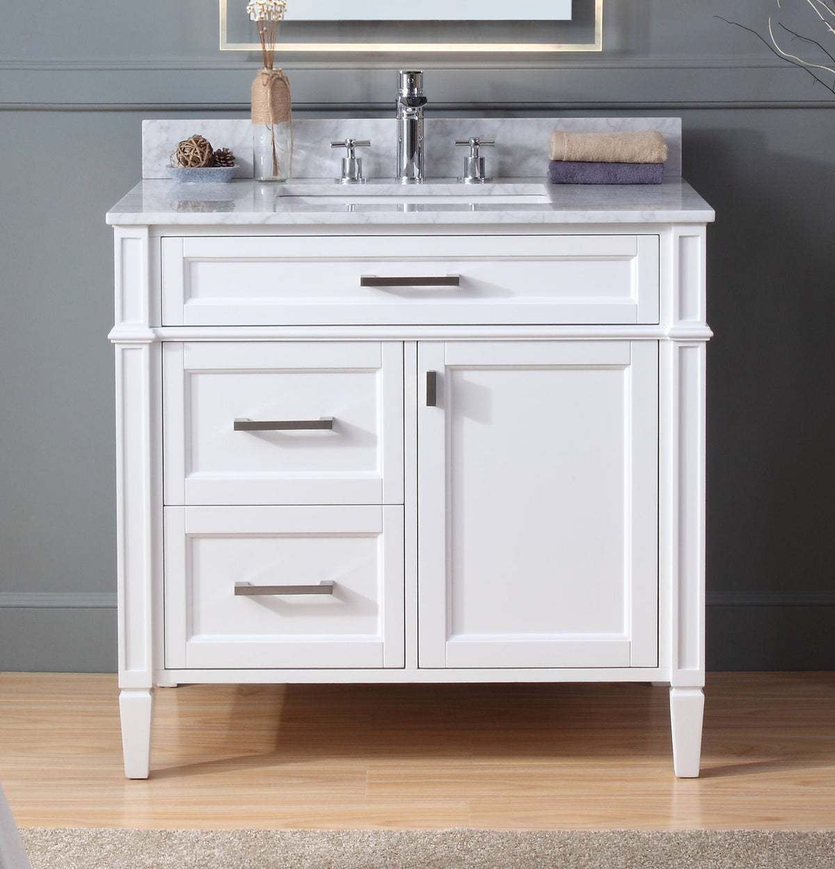 36 Inch Durand Modern White Bathroom Sink Vanity with Stone Counter Top