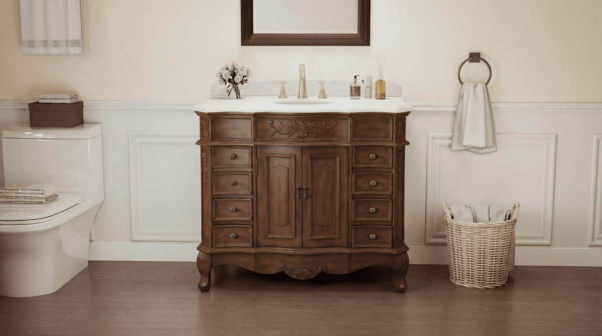 Morton 42" Antique Style Light Brown Single Sink Bathroom Vanity | White Quartz Top