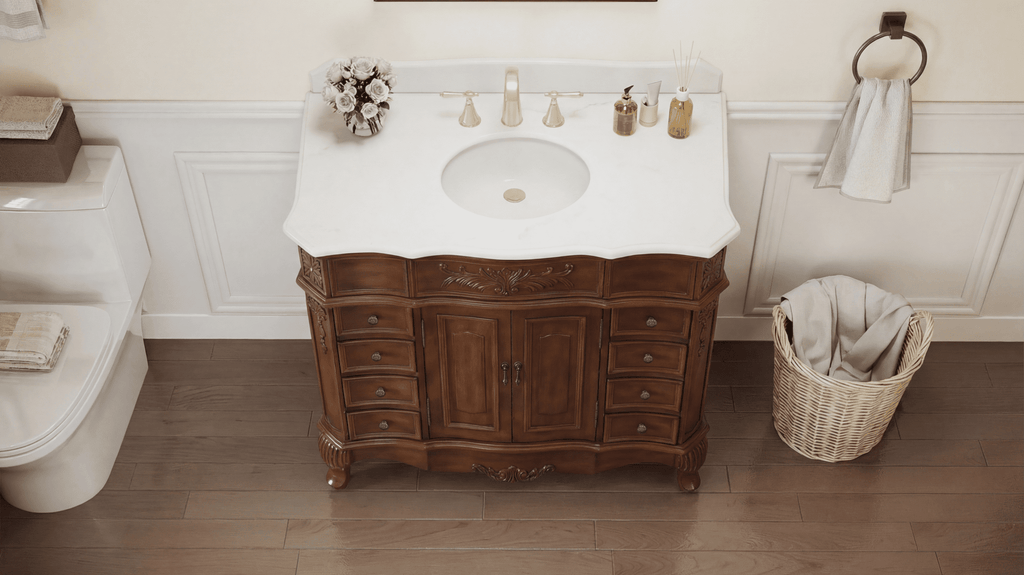 Morton 42" Antique Style Light Brown Single Sink Bathroom Vanity | White Quartz Top