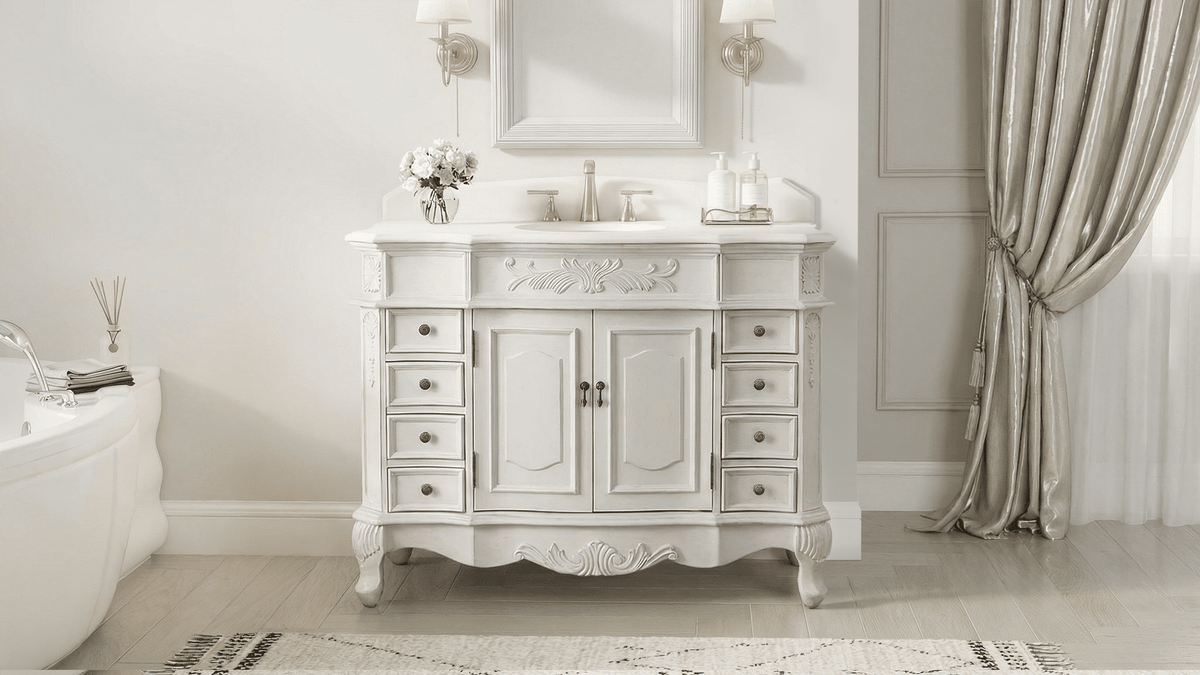 Morton 42" Antique Style Single Sink Bathroom Vanity | White Quartz Top