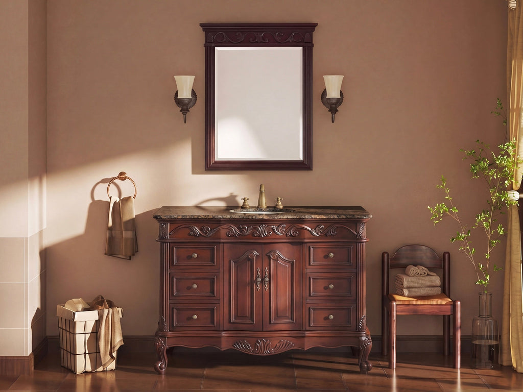 42 Inch Traditional Freestanding Cherry Brown Beckham Bathroom Vanity, Single Sink, Baltic Brown Top, Fully Assembled