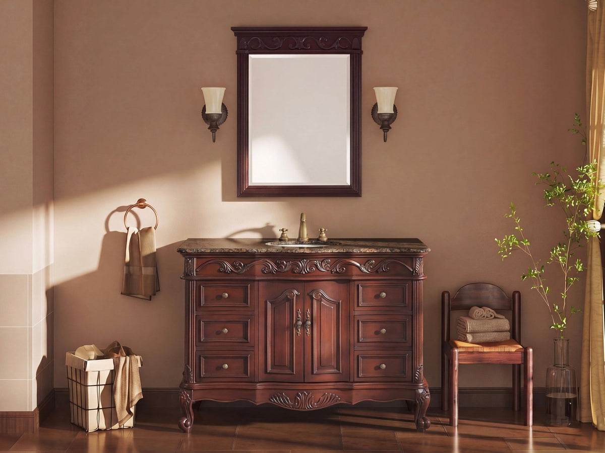 42 Inch Traditional Freestanding Cherry Brown Beckham Bathroom Vanity, Single Sink, Baltic Brown Top, Fully Assembled