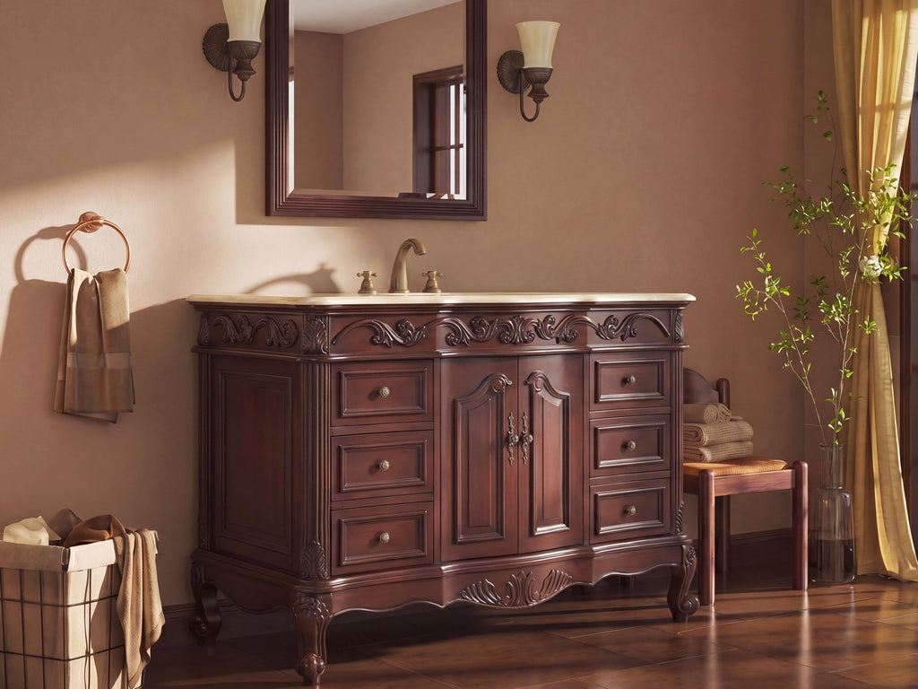 48 Inch Traditional Freestanding Cherry Brown Beckham Bathroom Vanity, Single Sink, Cream Marble Top, Fully Assembled