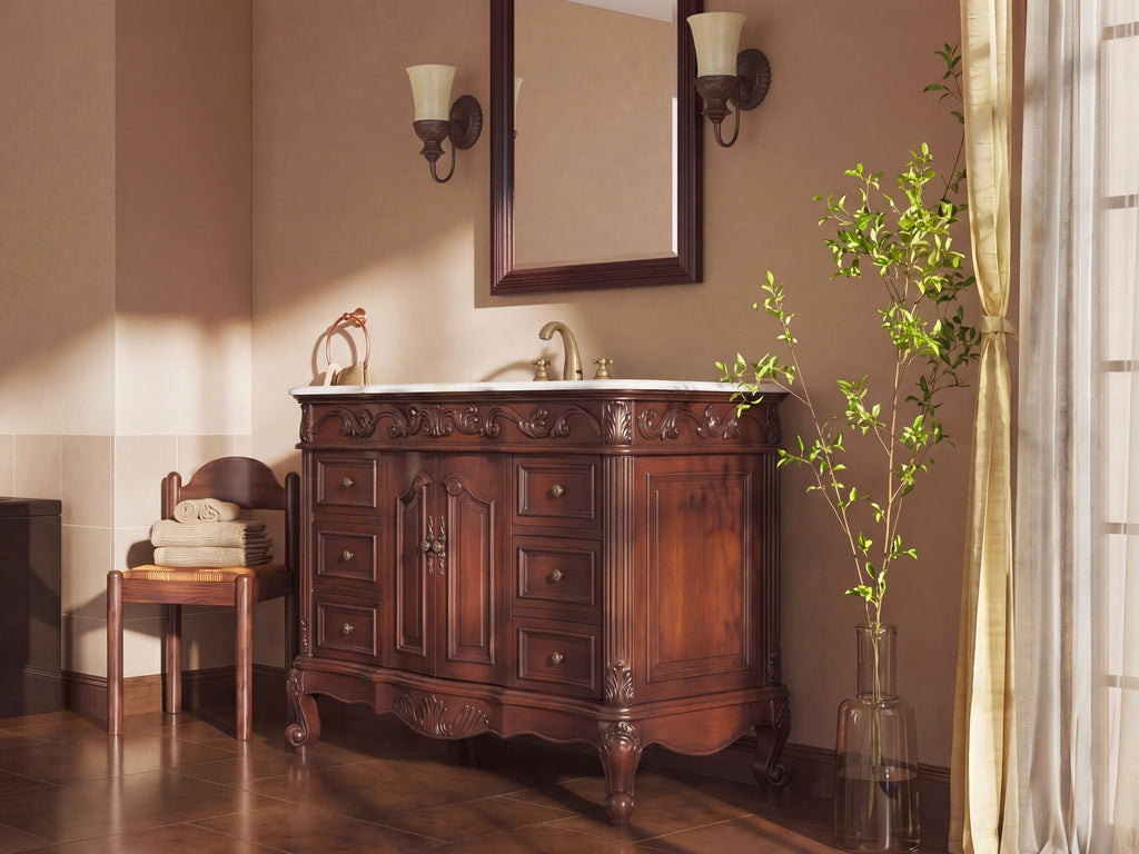 48 Inch Traditional Freestanding Cherry Brown Beckham Bathroom Vanity, Single Sink, White Marble Top, Fully Assembled
